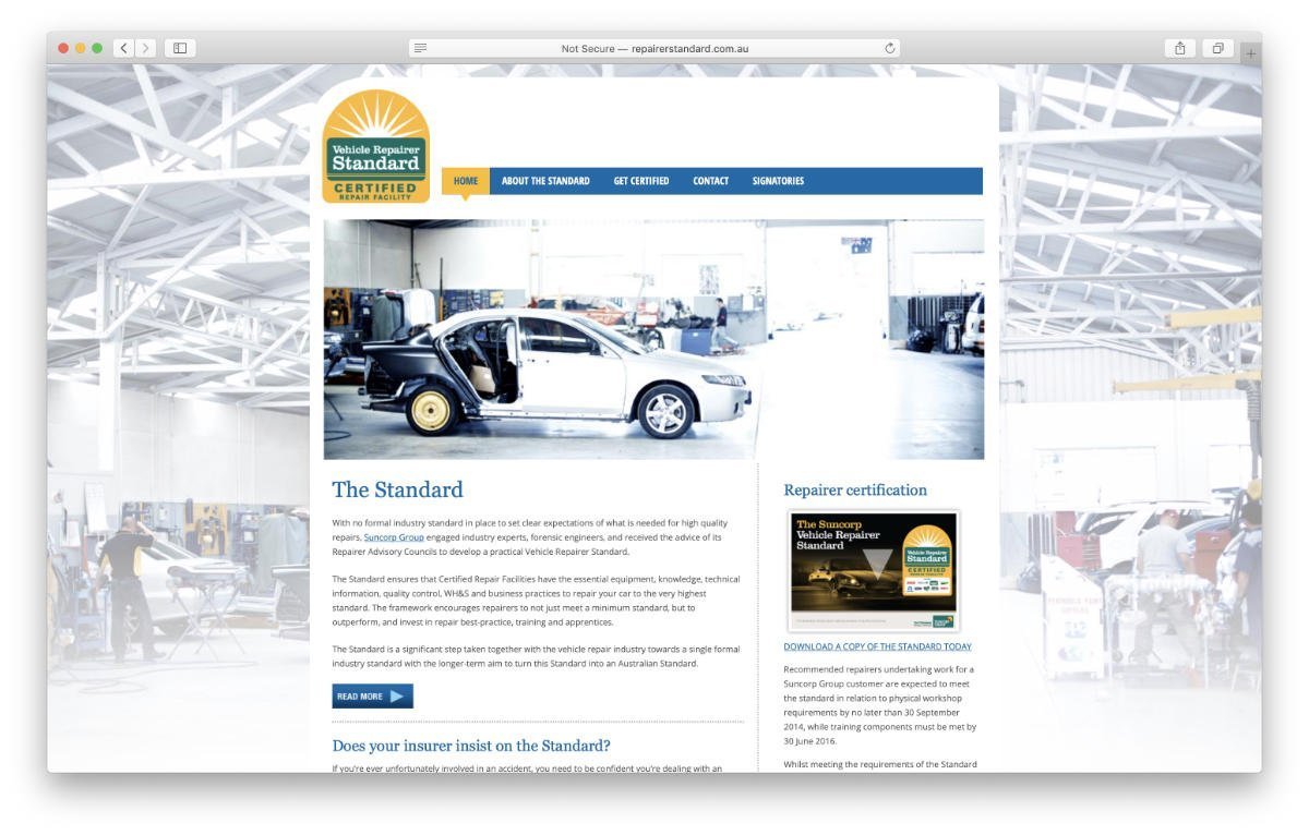 The home page of the Suncorp: repairer standard website